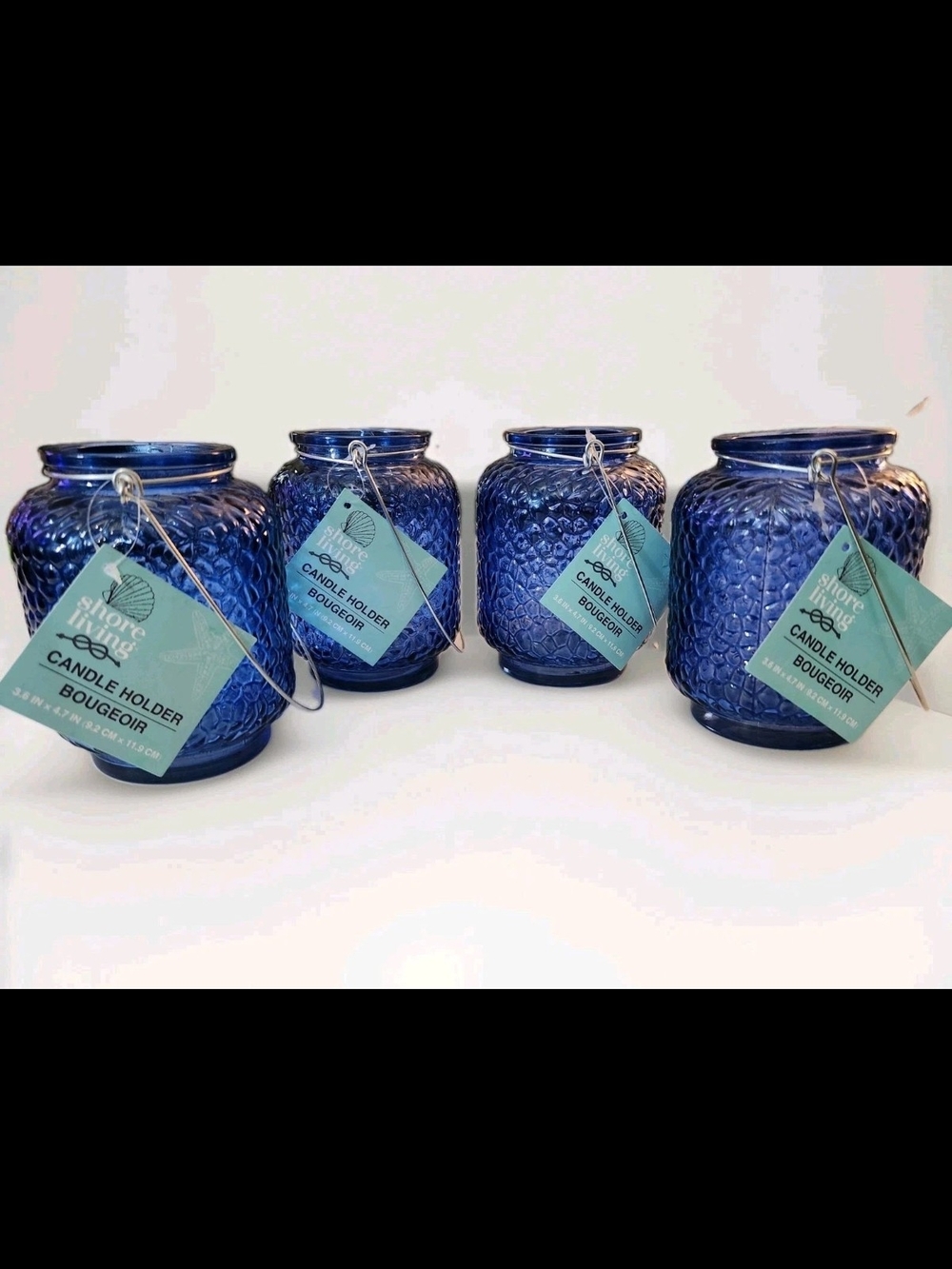 Blue Textured Glass Candle Holders with Metal Handles - Set of 4